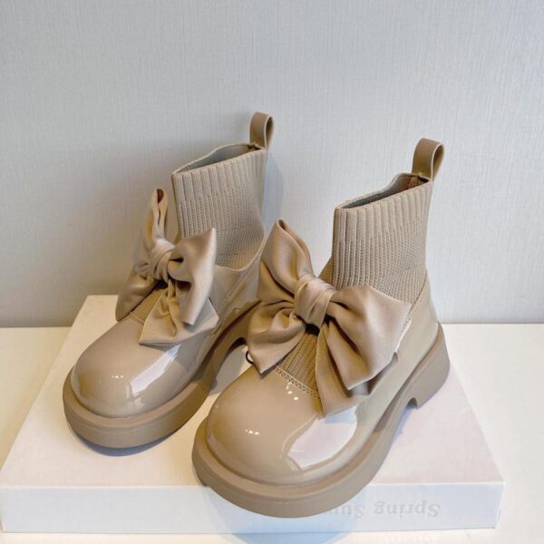 Kids Boots Fashion Pu Solid Black Bow Girls Uniform 2022 Spring And Autumn New Children's Fashion Flying Knit School Socks Shoes
